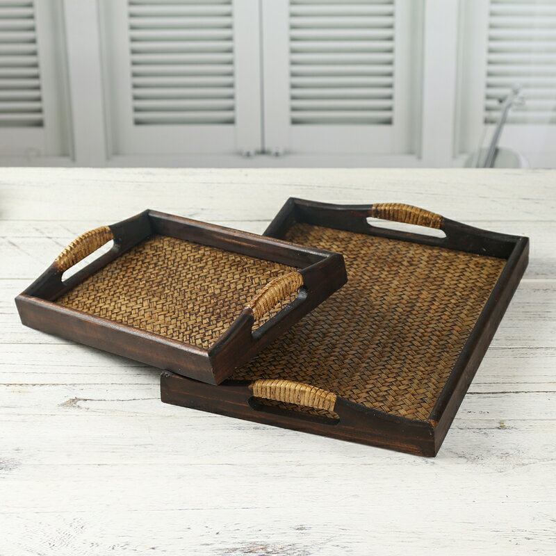 泰國實木托盤家用茶盤商用餐盤上菜端菜盤竹編木質泰式托盤長方形
