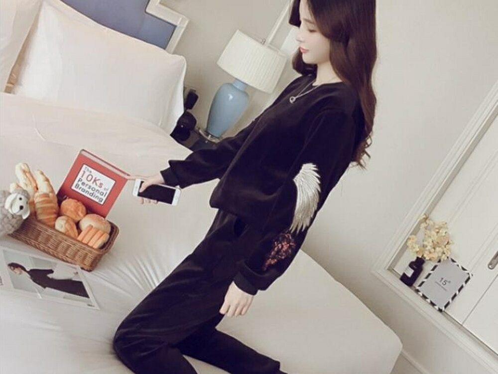 運動套裝 韓版時尚金絲絨套女刺繡加絨運動休閒衛衣兩件套潮 瑪麗蘇