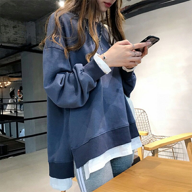 假兩件衛衣女春秋寬松韓版外套ins潮bf慵懶風薄款寬松上衣服