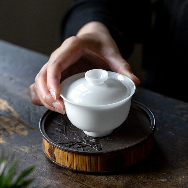 羊脂玉冰種薄胎白瓷簡約蓋碗陶瓷功夫茶具家用茶碗套裝