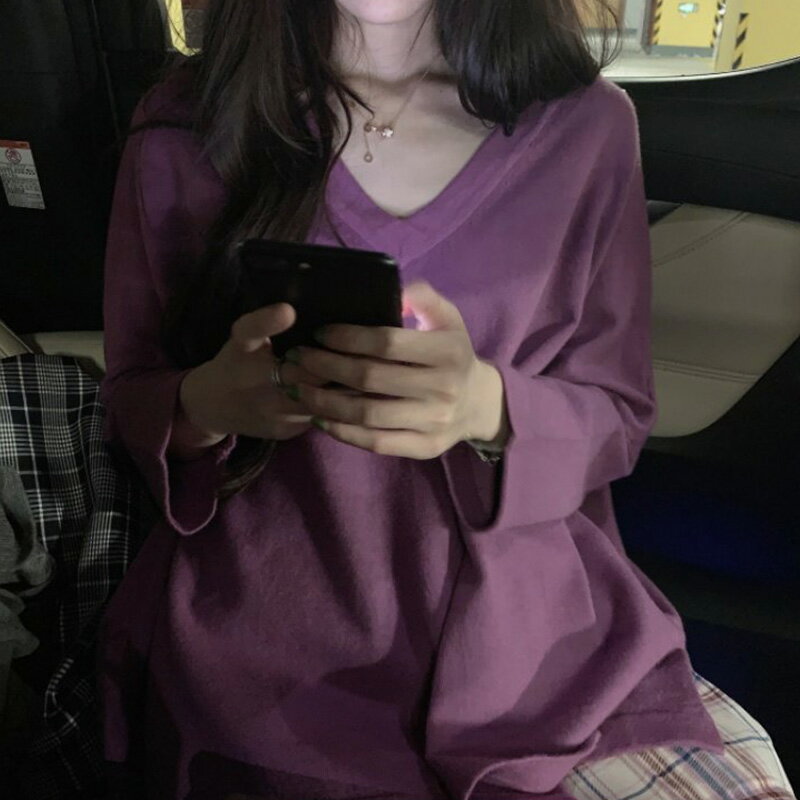 超火cec長袖t恤女春秋韓版ins潮原宿bf慵懶風學生百搭寬松v領上衣