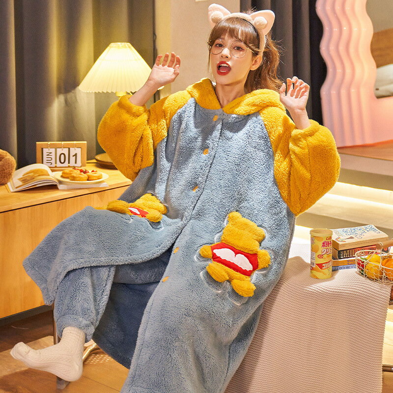 長款睡袍睡衣女珊瑚絨加厚連帽長袖開衫浴袍可出門學生家居服套裝