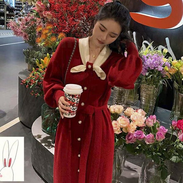 圣誕節穿搭主題衣服長款毛衣裙子女新年戰袍針織連身裙【木屋雜貨】