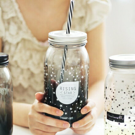 星空玻璃杯大容量帶蓋吸管星星果汁杯女辦公泡茶杯璃梅森冷飲杯子