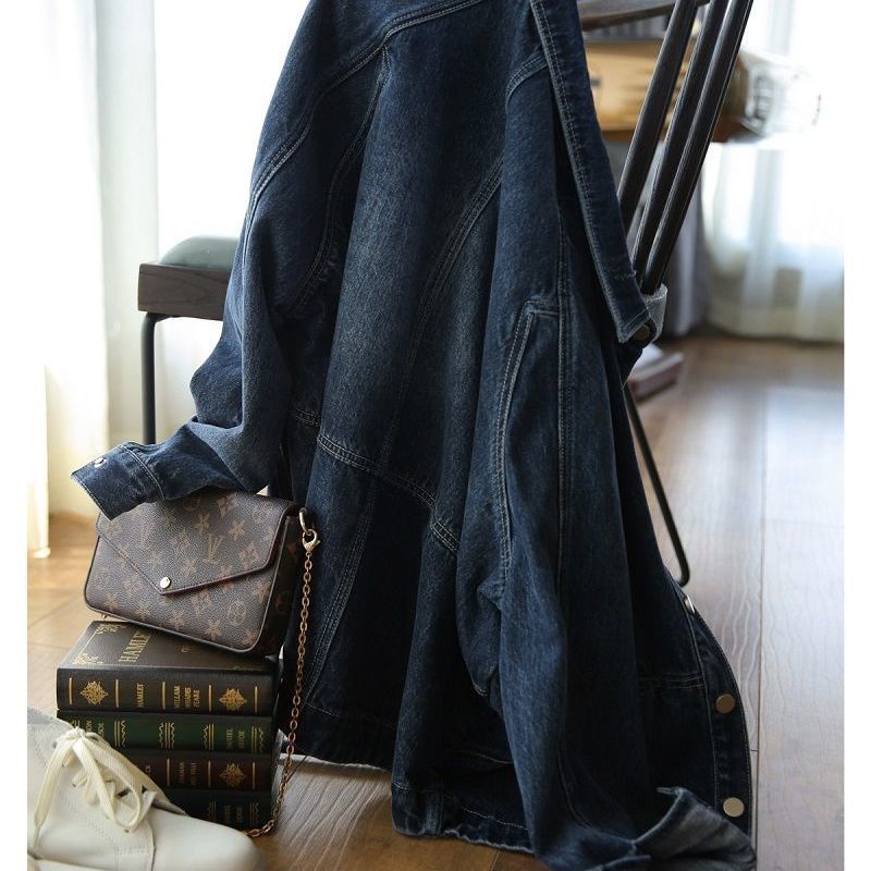 外套 女裝 休閒外套 時尚外套 保暖外套  深藍牛仔外套女2023春秋新款減齡時髦廓形百搭寬鬆顯瘦短外套潮 2