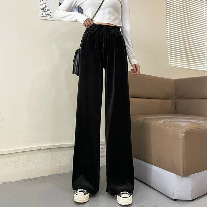 黑色金絲絨闊腿褲女2021年新款加絨加厚秋冬韓版寬松直筒拖地長褲