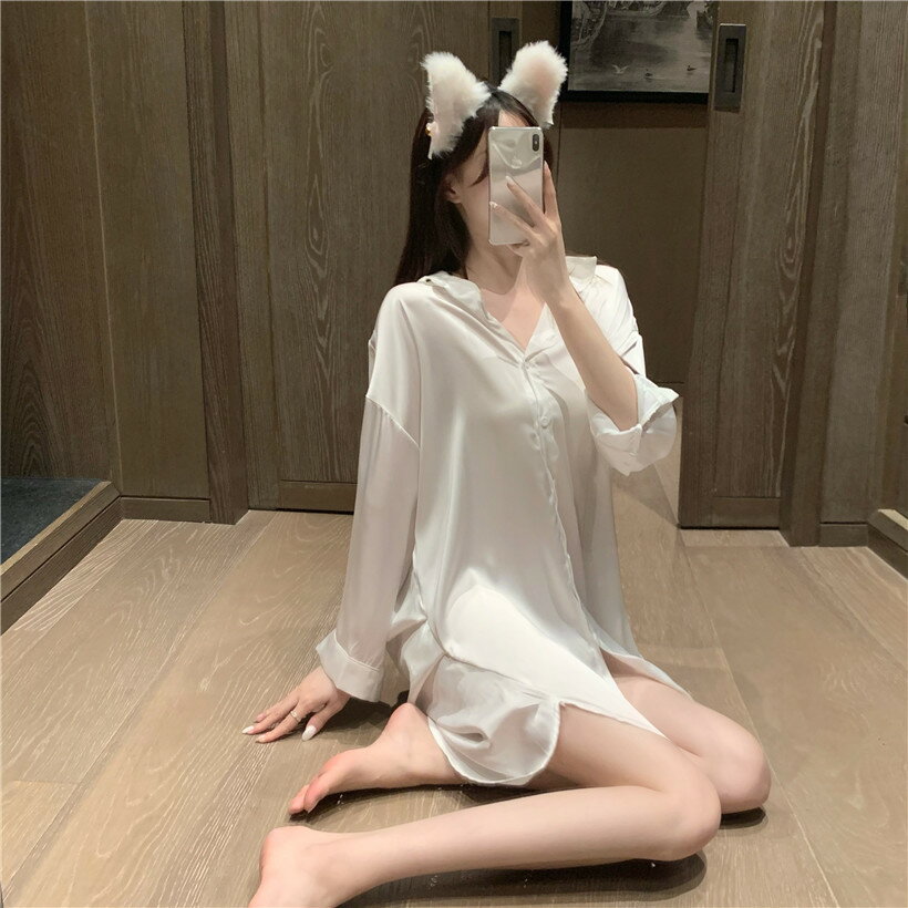夏季新款緞面中長款襯衫女寬松韓版顯瘦Polo領長袖冰絲襯衣潮