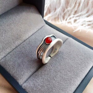 【墜享】S925純銀復古戒指女指環鑲嵌天然南紅氣質簡約古法銀工藝