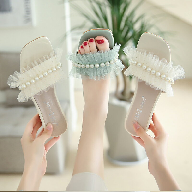 拖鞋女夏外穿ins潮新款珍珠小清新法式花邊中跟涼拖鞋