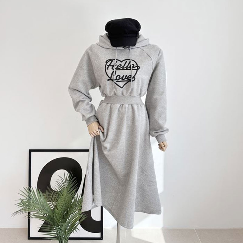 ANNAS 正韓愛心刷毛連帽字母縮腰洋裝 長裙 長洋裝 連身裙 加絨 加厚 棉質 保暖 休閒 韓國 5