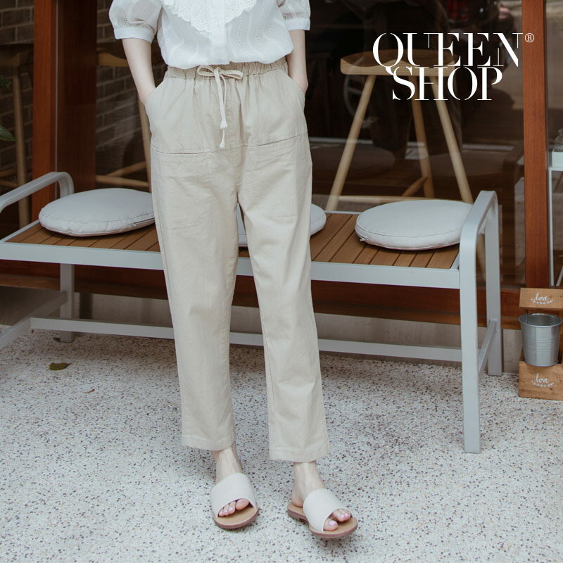 Ｑｕｅｅｎ Ｓｈｏｐ【04101341】剪接大口袋棉麻休閒褲 兩色售＊現+預＊