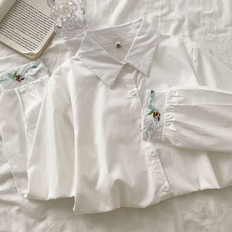 100%純棉白色長袖襯衫女新款秋冬季小眾設計感別致刺繡上衣