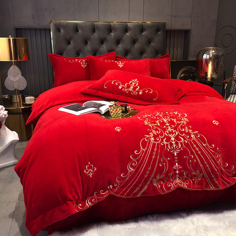 冬季加厚紅色牛奶珊瑚法蘭絨四件套結婚保暖婚慶床上用品被套床單