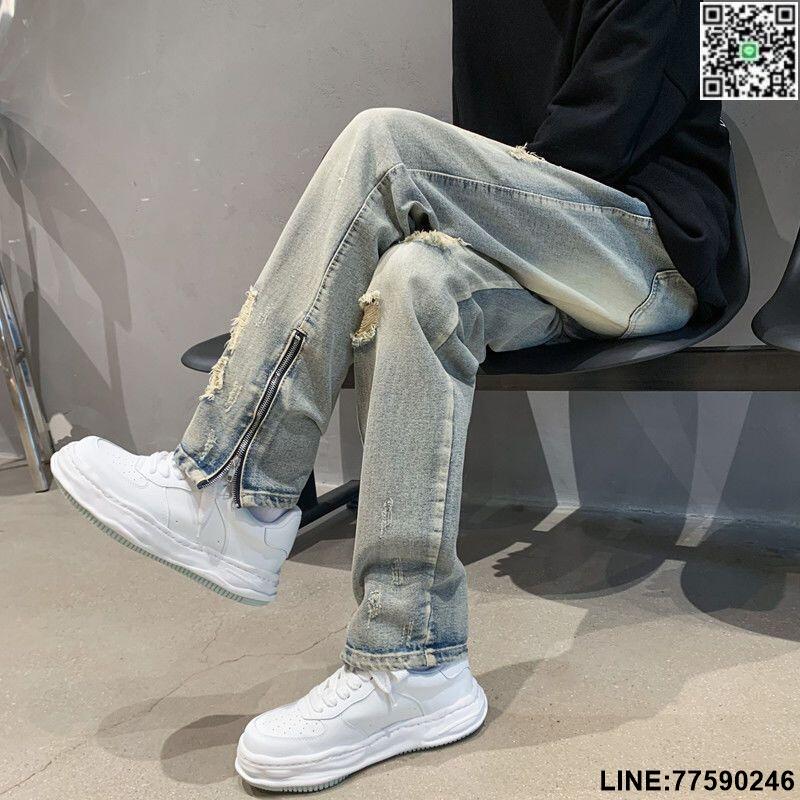 【歡樂購】破洞牛仔褲男夏季薄款設計感歐美高街vibe美式潮牌開叉拉鏈褲子男現貨速發