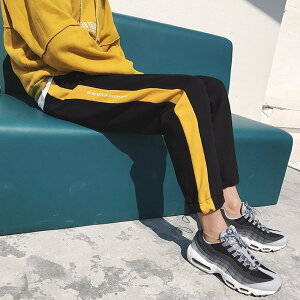 FINDSENSE G6 韓國時尚 冬季 潮男 加厚 鬆緊 寬鬆 條紋 黑色 黃色 休閒褲
