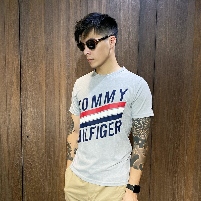 美國百分百【全新真品】Tommy Hilfige 短袖 棉質 T恤 TH 上衣 logo T-shirt 灰色 AL73