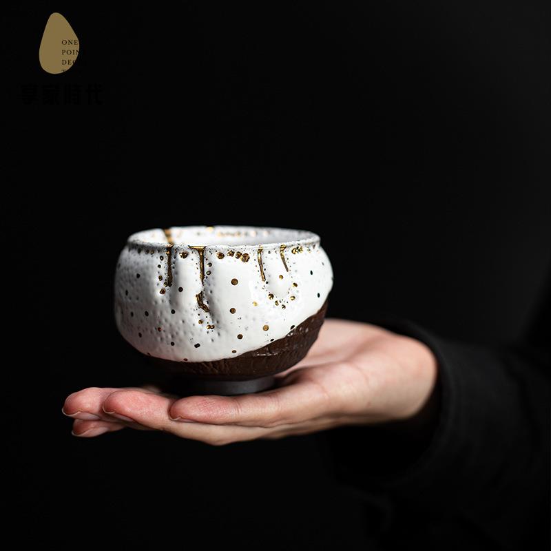 世代鎏金志野杯半見質白 蟲洞留金 陶瓷 功夫茶杯品茗杯大號 主人杯xj7251