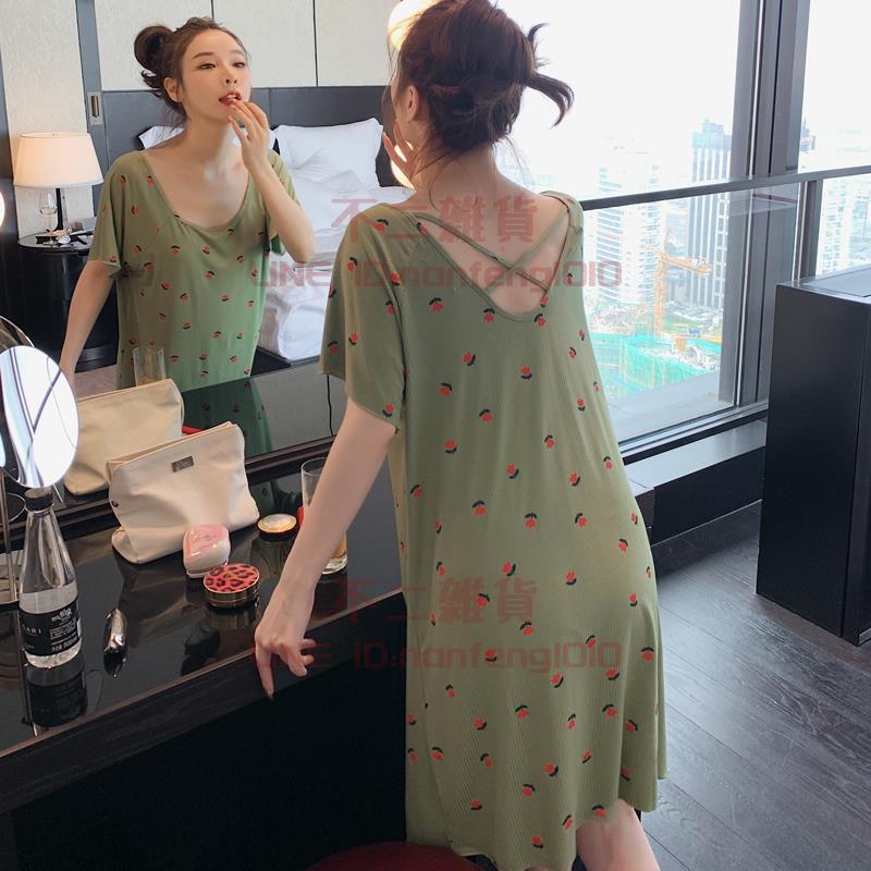 睡裙女莫代爾棉薄款甜美短袖睡衣性感露背春秋中長款連身裙【不二雜貨】