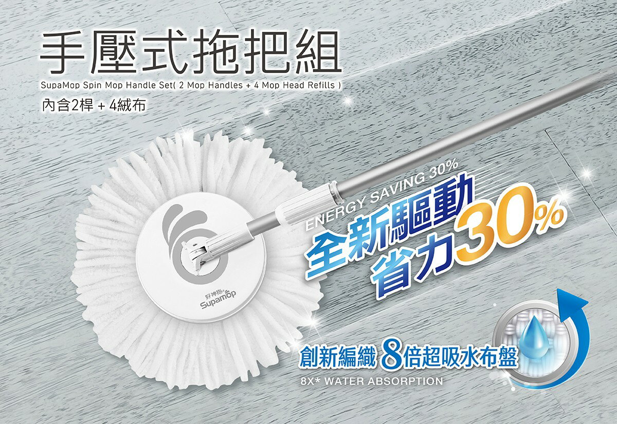 Supamop 好神拖 手壓式旋轉拖把桿組 附拖把桿 2入+絨毛布盤 4入 5