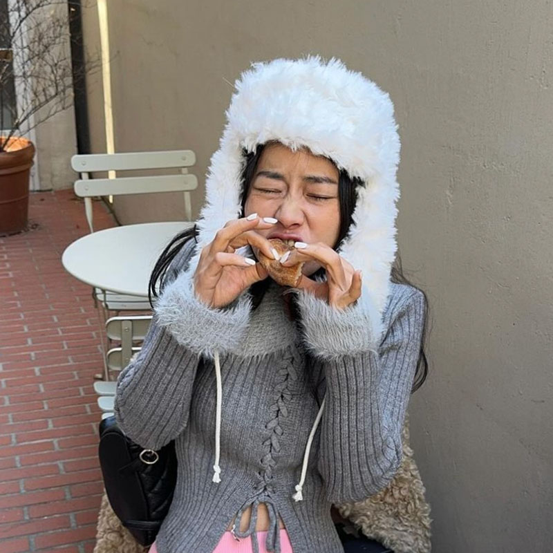 ANNAS 正韓羊羔絨拉繩雷鋒帽 韓國毛毛雷鋒帽 飛行帽 毛毛遮耳帽 韓國網紅 白色毛絨耳罩帽子 巴拉克拉法帽 保暖小臉 4