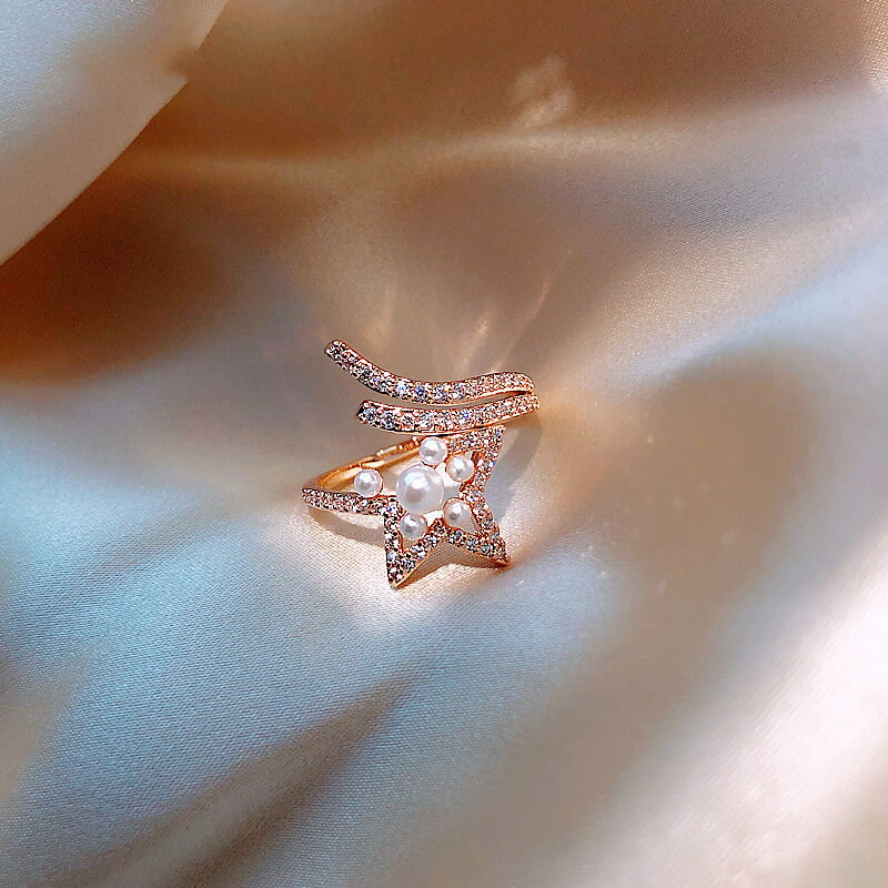 夸張五角星珍珠戒指女時尚個性潮輕奢指環開口戒食指指環飾品