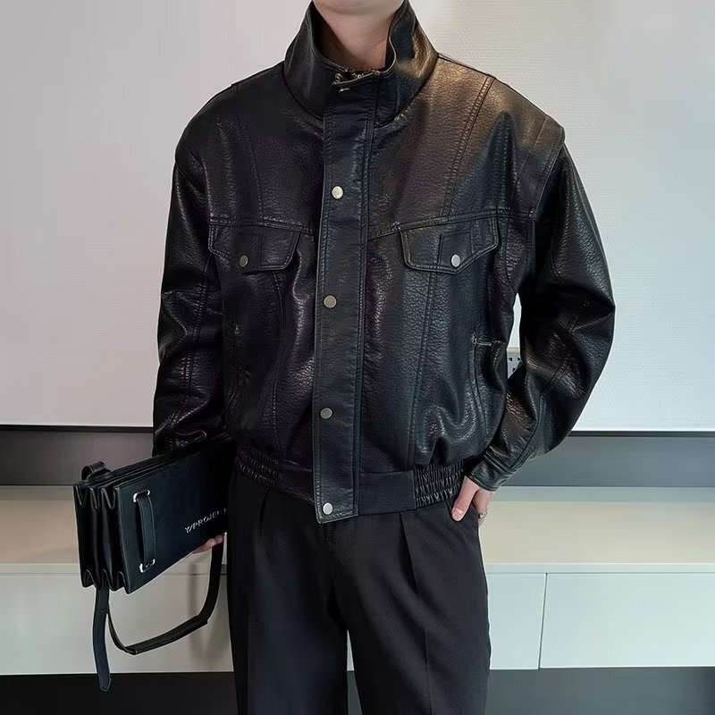 【現貨】黑色機車pu皮衣男外套輕熟風潮牌立領痞帥皮夾克短款摩托車騎行服【北歐家居生活】