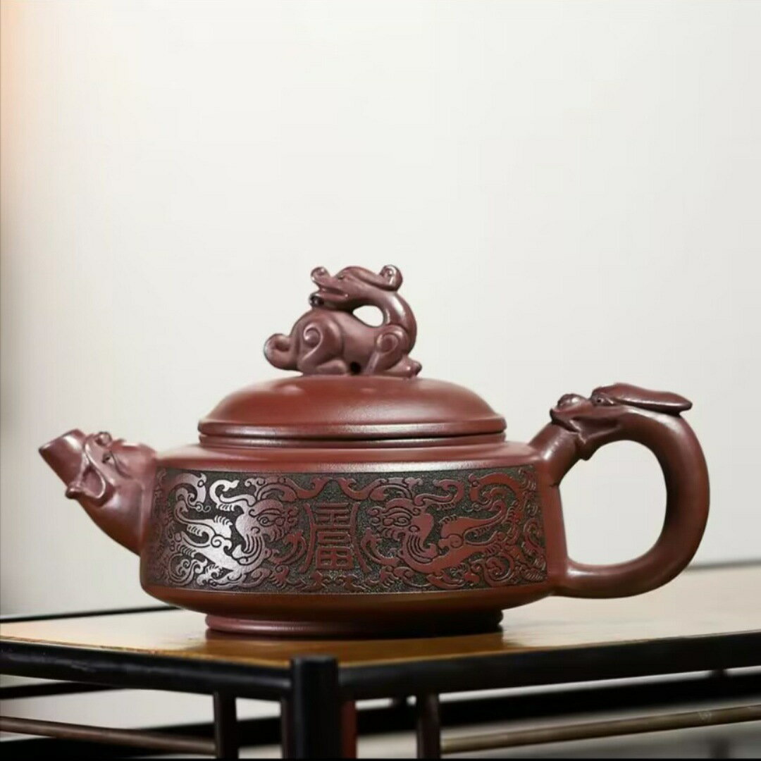 宜興正宗紫砂壺原礦石紅龍鳳祥瑞壺大容量家用高檔茶壺茶具套裝