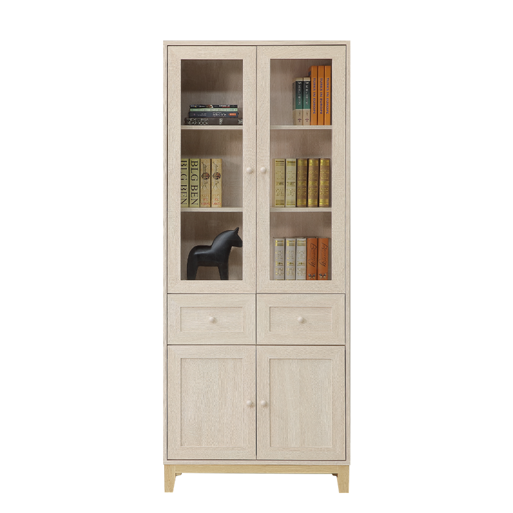 【直人木業】COCO田園奶油風中二抽玻璃書櫃80公分 1