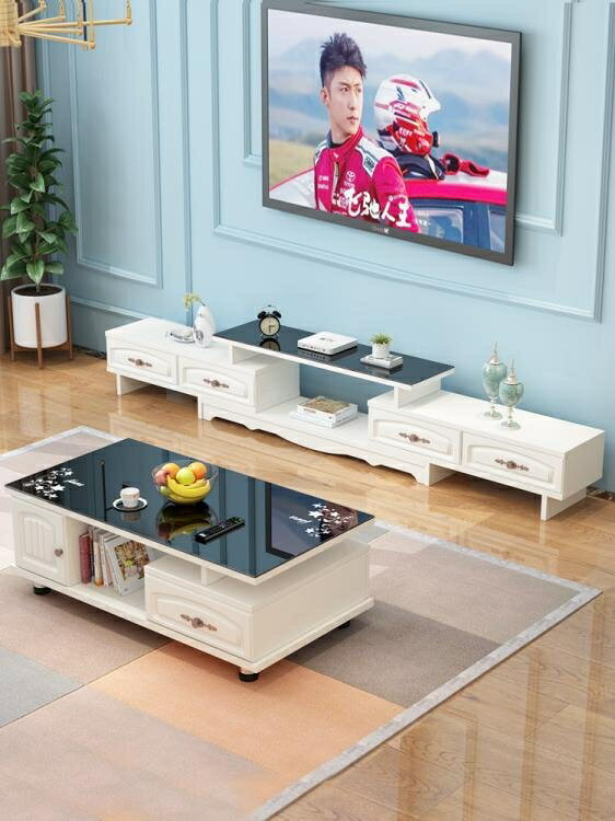 電視櫃茶幾組合套裝簡約現代小戶型鋼化玻璃客廳實木色電視機地櫃