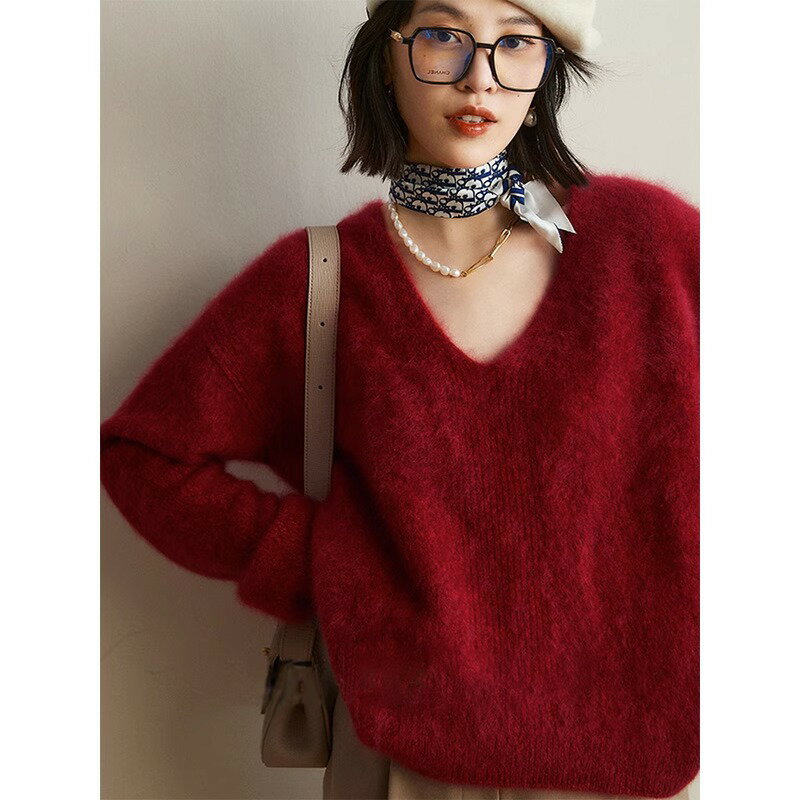 女裝 女上衣 女裝 衣服 毛衣 寬鬆上衣  高階感軟糯仿水貂絨v領毛衣女秋冬季時尚慵懶風奶fufu針織衫上衣 治裝激推 5