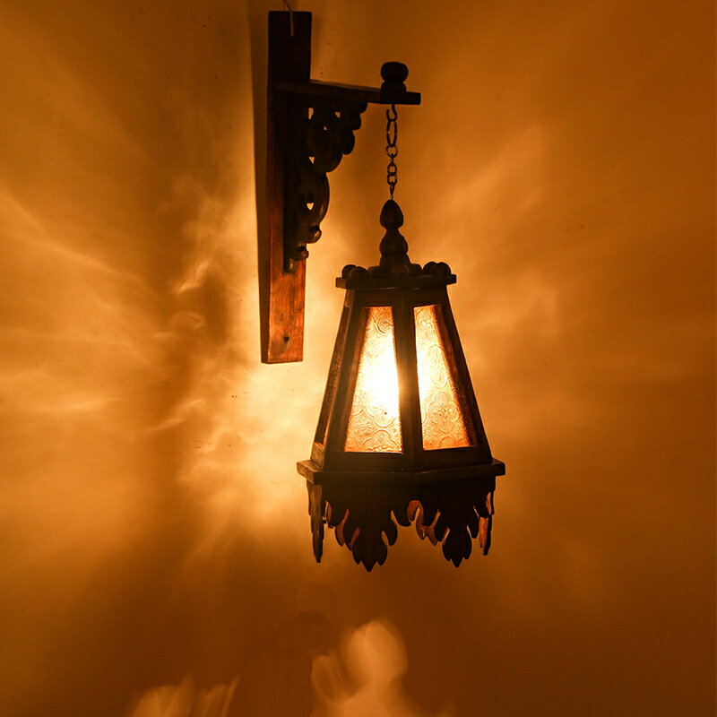 木制庭院玻璃吊燈 實木酒店裝飾燈 泰國特色壁燈復古懷舊客廳吊燈