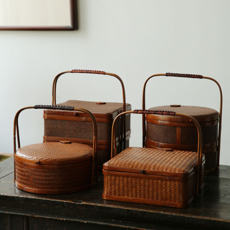 日式手工席面茶盒收納盒 雙層食盒復古禪意 茶室配件裝飾藤面