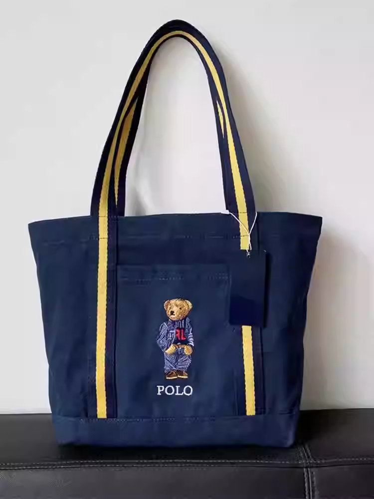樂天日韓POLO織帶款牛仔套裝熊刺繡帆布包購物袋單肩手提袋托特