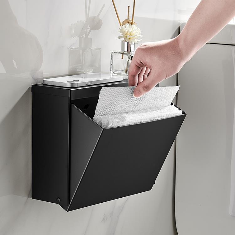 免打孔廁所紙巾盒黑色不銹鋼衛生間拉絲方紙盒家用防水卷紙抽紙架 樂樂百貨