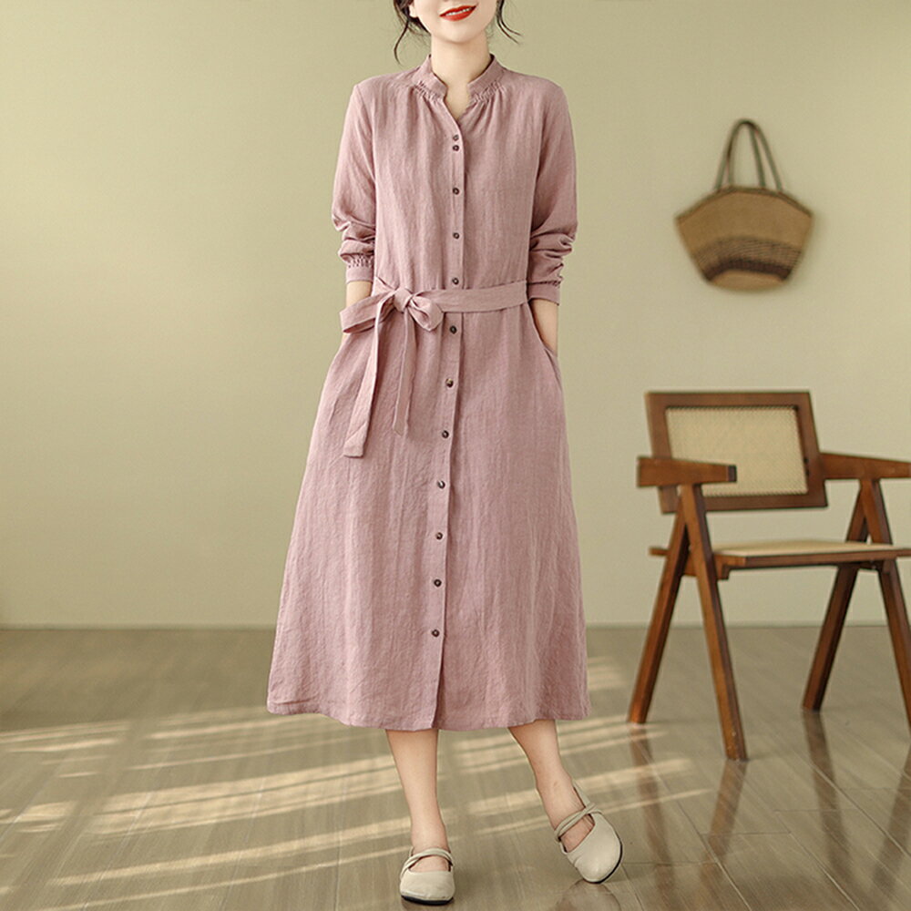 ＊ORead＊亞麻全開襟鈕扣連身裙(粉色M~2XL)【限定加碼✿全館滿額再折】