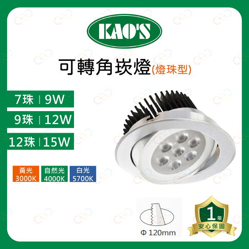 KAOS LED 12CM 可轉角崁燈 燈珠型 9W 12W 15W 投射燈 嵌燈 可調角度 高氏 (A Light) 1