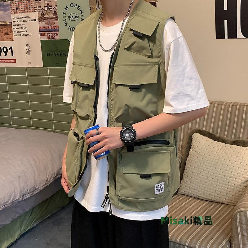 保暖背心美式高街潮牌機能風多口袋工裝戰術馬甲男女嘻哈寬松百搭背心外套-Misaki精品