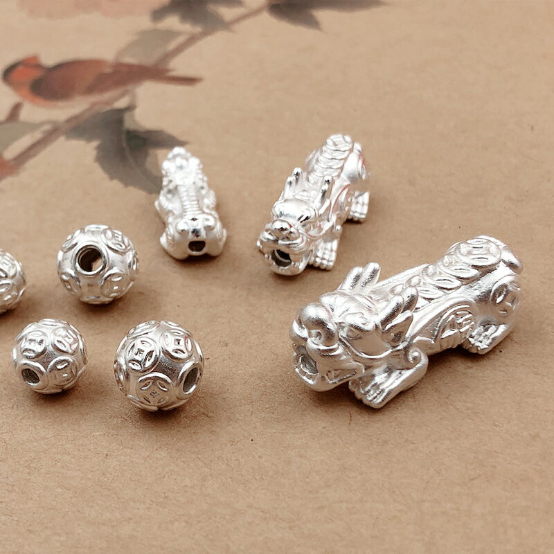 足銀S999純銀3D硬銀貔貅DIY手工編織紅繩配件錢幣轉運珠手串飾品v