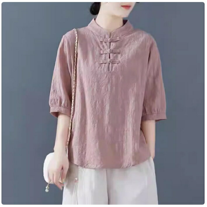 盤扣棉麻中袖襯衫中式立領禪意茶服夏大碼亞麻T恤女裝【繁星小鎮】