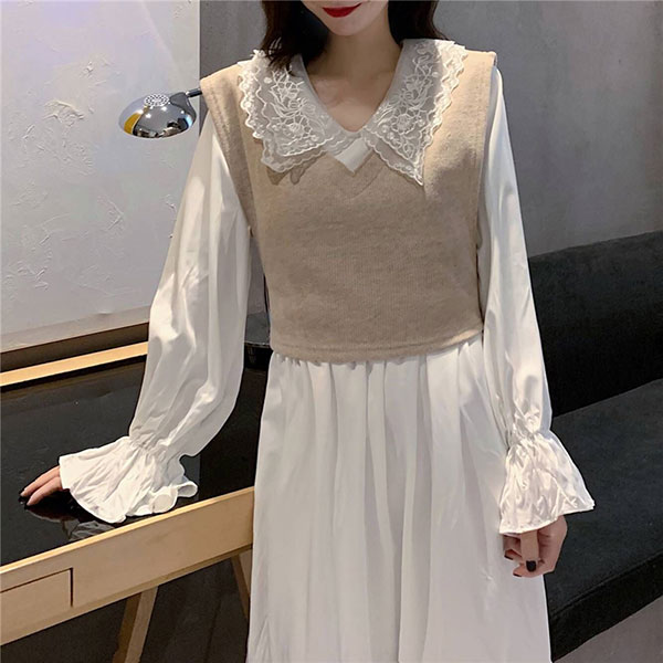 兩件式 蕾絲 翻領 洋裝 連身裙 連衣裙 長裙 長洋裝 襯衫 喇叭袖 荷葉 氣質 婚宴 婚禮 過年 新年 韓國 ANNA S.599 3