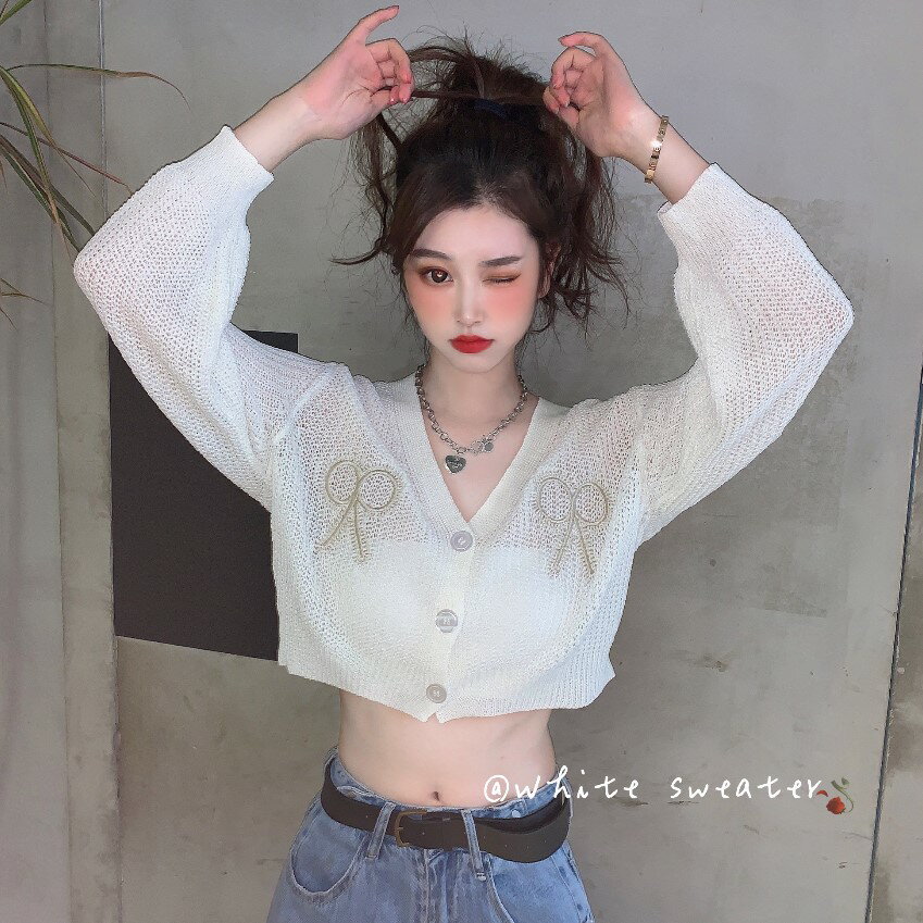 夏季新款刺繡蝴蝶結薄款針織衫寬松防曬長袖開衫短款上衣女裝