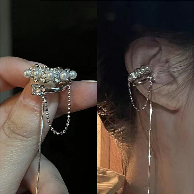 法式珍珠流蘇耳夾女ins小眾設計高階感輕奢長款無耳洞耳骨夾耳飾