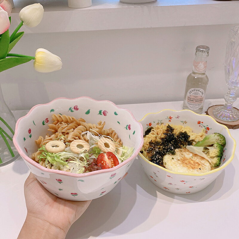 ins田園風復古花邊陶瓷碗學生泡麵碗沙拉碗湯碗甜美碎花擺拍