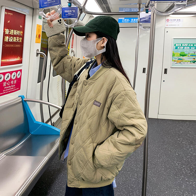 48h出貨丶2024年新款冬季棉衣設計感小眾棉襖外套菱格棒球薄棉服oversize女