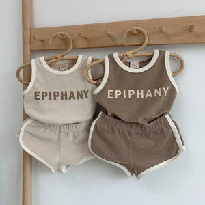 韓國同款嬰兒套裝 純棉休閒背心套裝 男寶寶字母舒適無袖運動兩件套