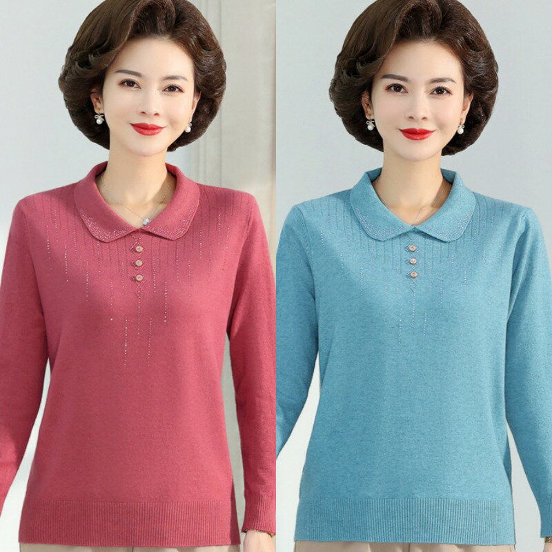 【米蘭精品】現貨+預購 高級針織衫上衣秋冬毛衣寬鬆大碼休閒女裝百搭媽媽裝-長袖翻領氣質女上衣6色74mo84