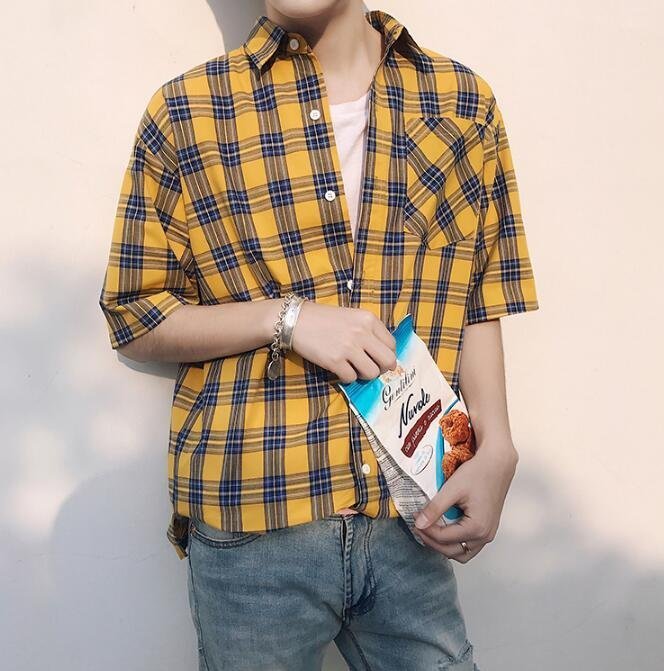 FINDSENSE MD 韓國 時尚潮 男 休閒寬鬆 撞色 格子襯衫 短袖襯衫 格紋襯衫 字母襯衫