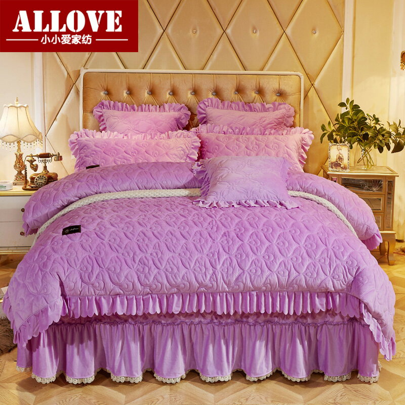 冬季保暖加厚水晶絨床蓋四件套夾棉絎縫法蘭絨被套1.8m雙人床