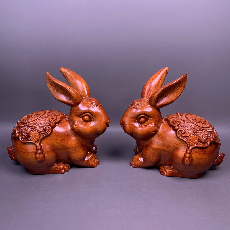 花梨木雕兔子擺件招財客廳家居裝飾品紅木雕刻工藝品生肖動物擺件