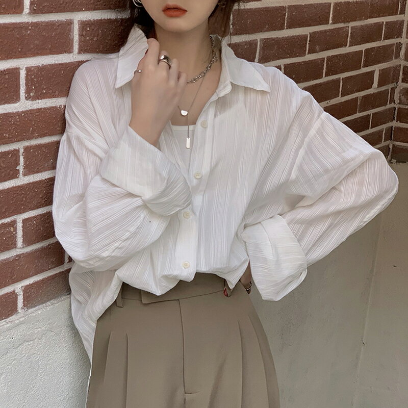 防曬鹽系中長款襯衫夏新款慵懶風微透薄款寬松長袖POLO衫女裝